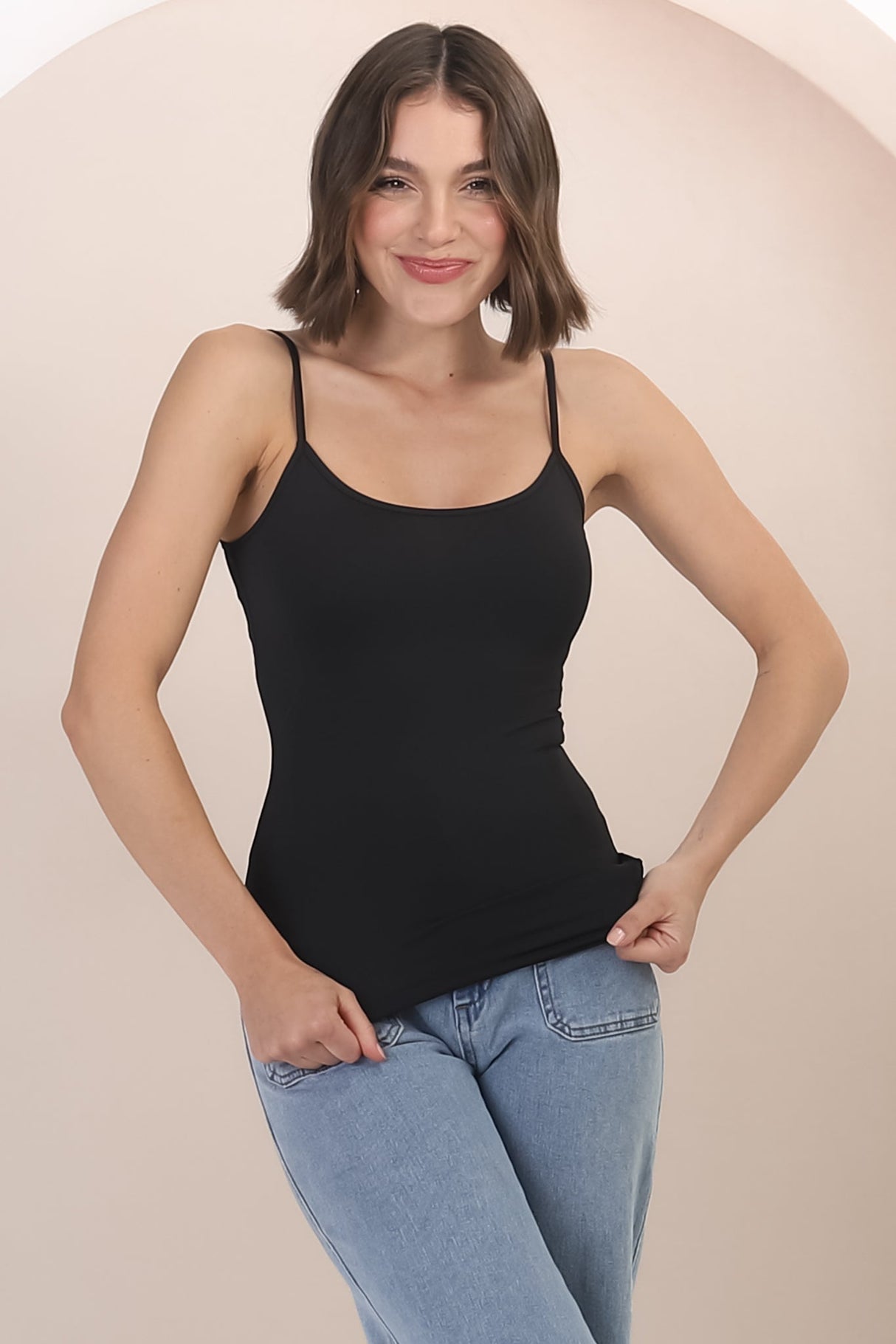 Dila Cami - Scoop Neckline Long Cami with Spaghetti Straps in Black