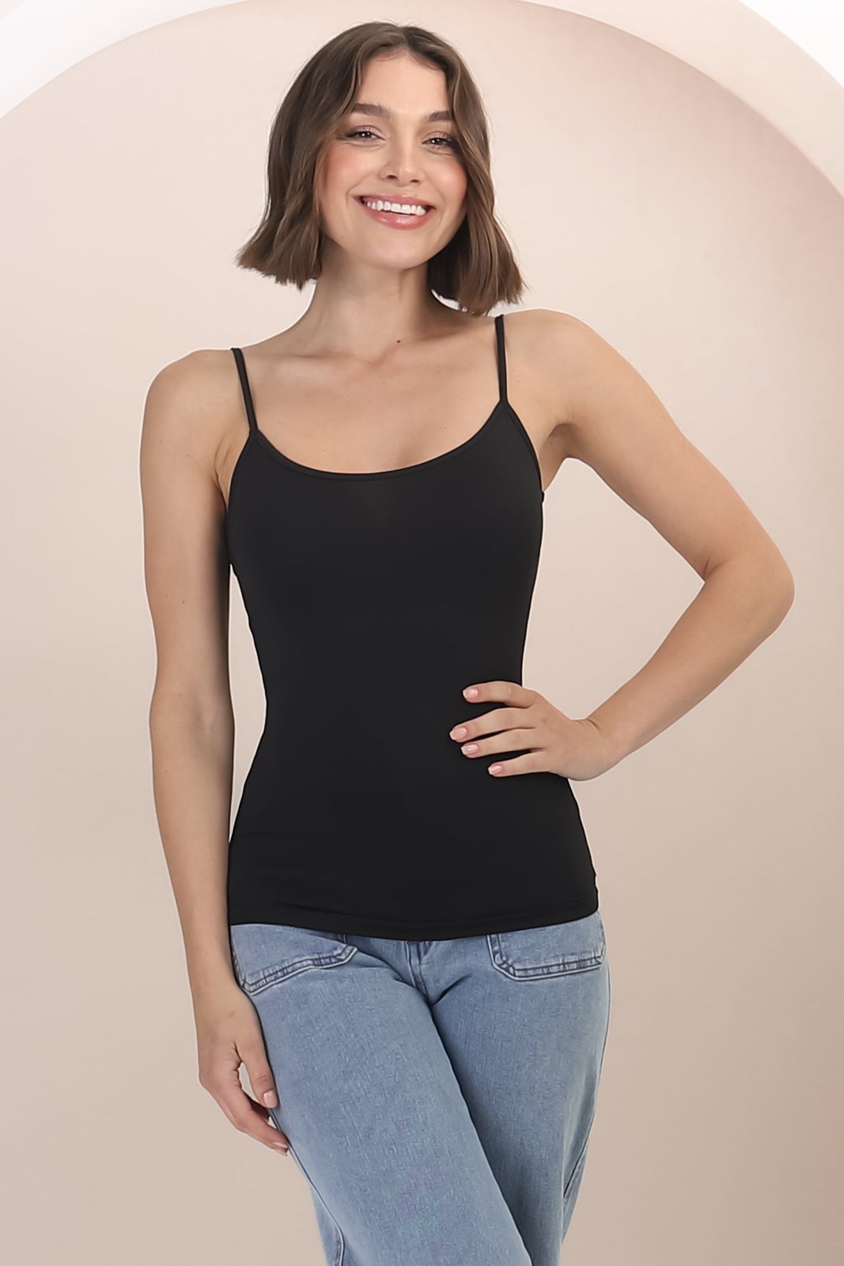 Dila Cami - Scoop Neckline Long Cami with Spaghetti Straps in Black