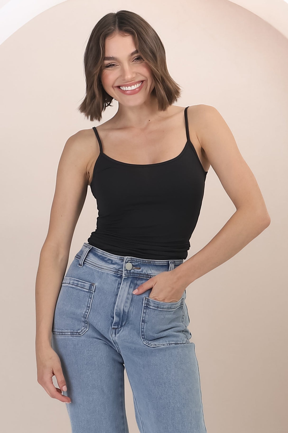 Dila Cami - Scoop Neckline Long Cami with Spaghetti Straps in Black