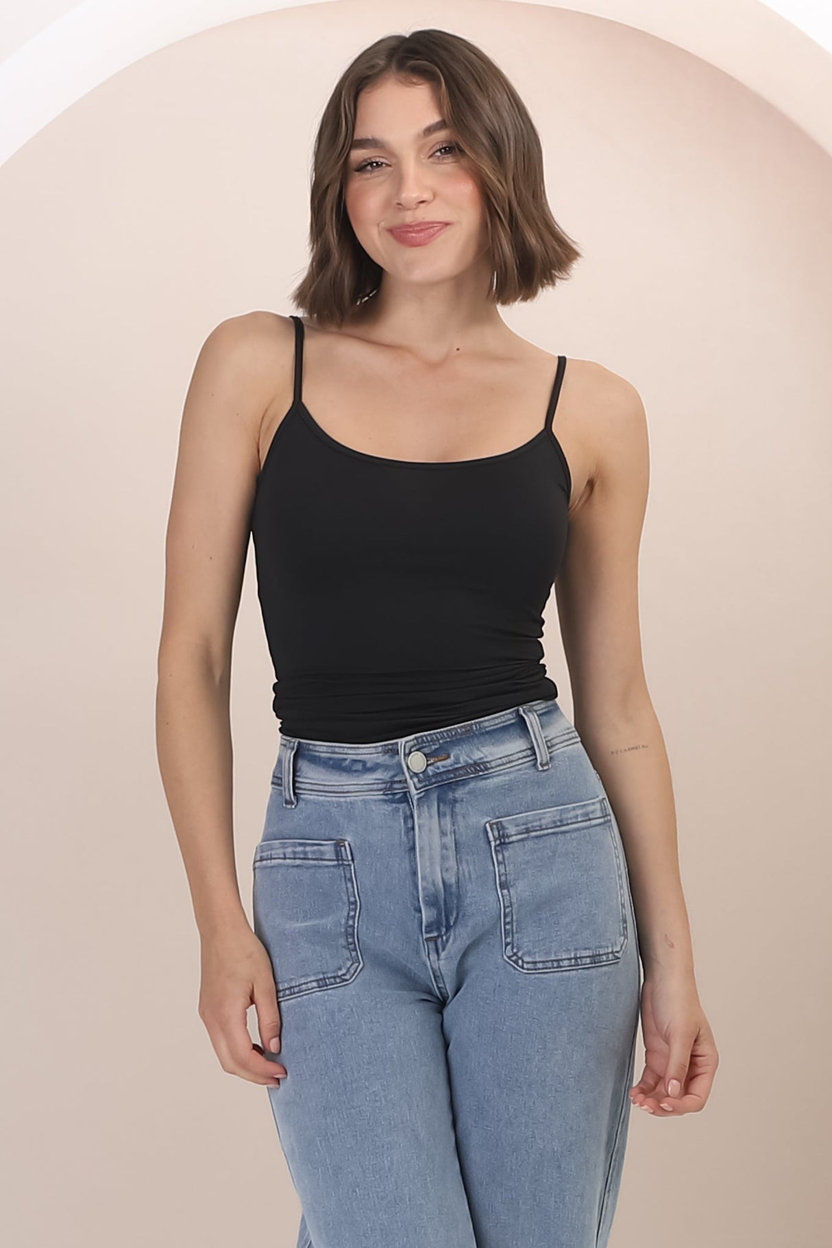 Dila Cami - Scoop Neckline Long Cami with Spaghetti Straps in Black