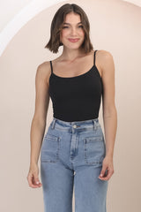 Dila Cami - Scoop Neckline Long Cami with Spaghetti Straps in Black