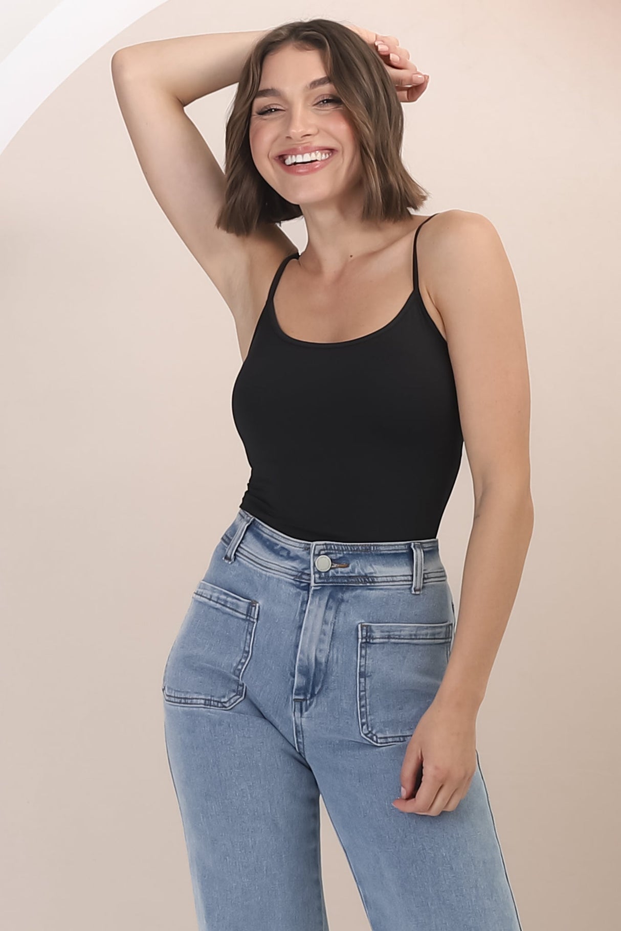 Dila Cami - Scoop Neckline Long Cami with Spaghetti Straps in Black