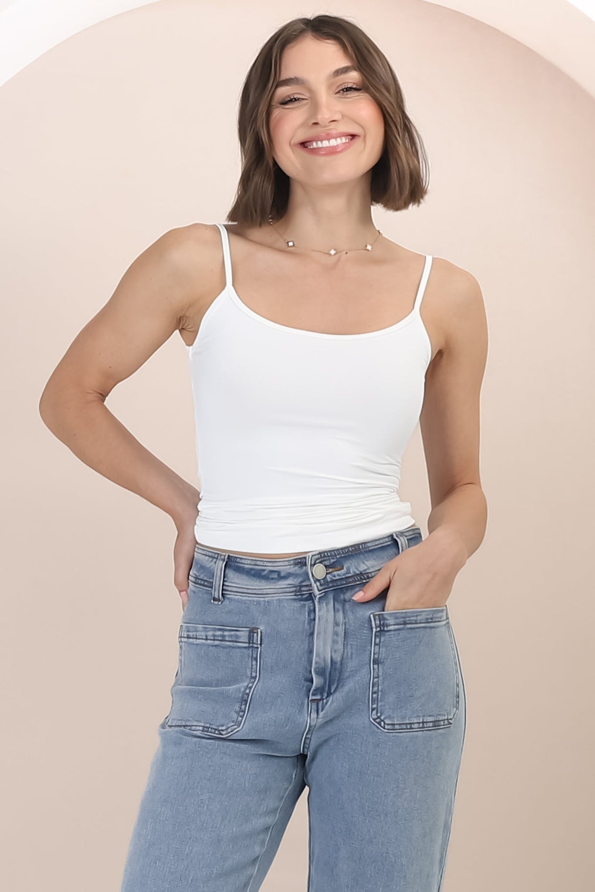 Dila Cami - Scoop Neckline Long Cami with Spaghetti Straps in White