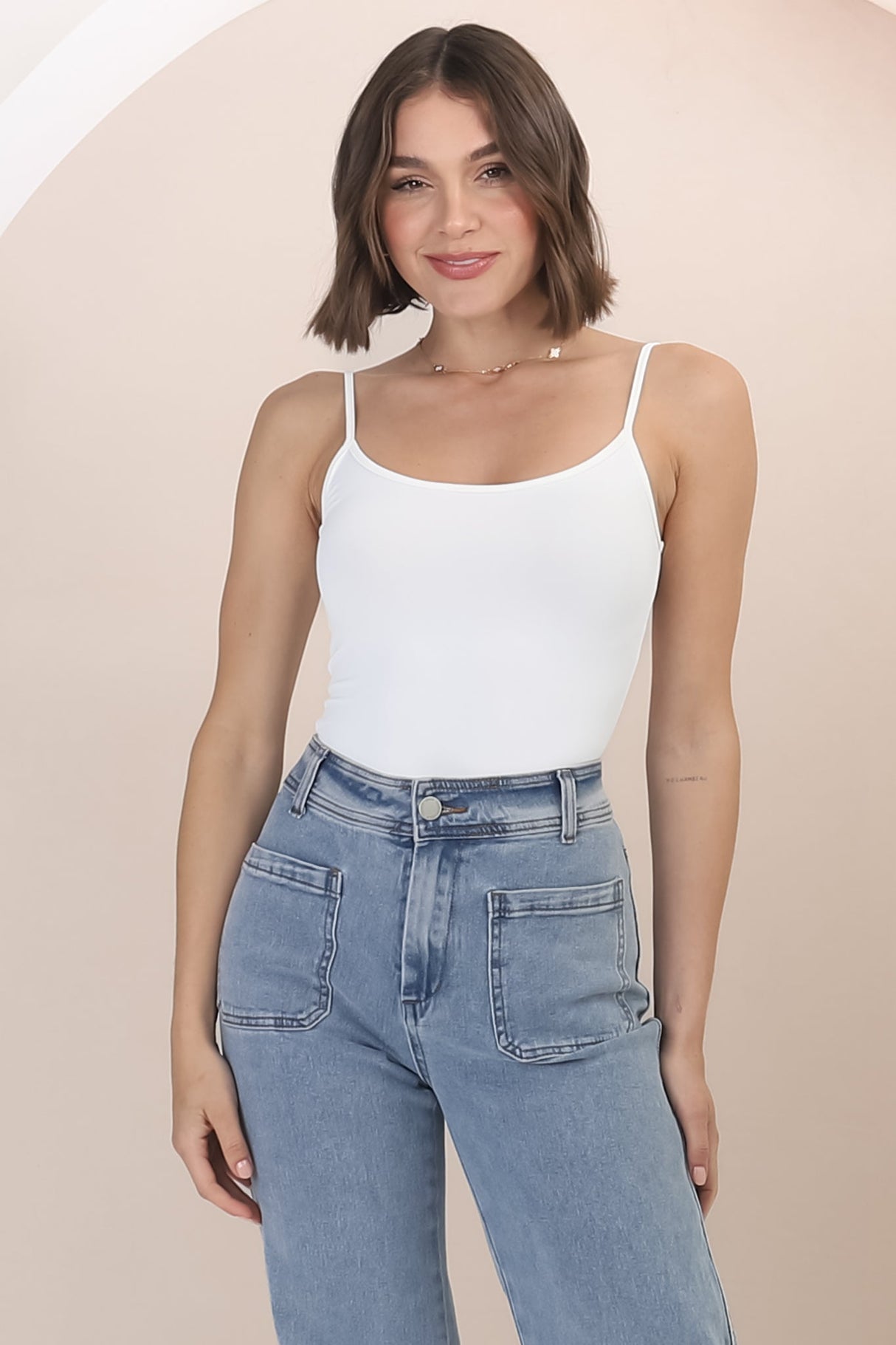 Dila Cami - Scoop Neckline Long Cami with Spaghetti Straps in White