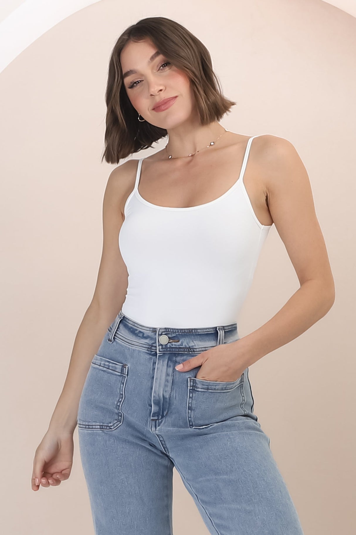 Dila Cami - Scoop Neckline Long Cami with Spaghetti Straps in White