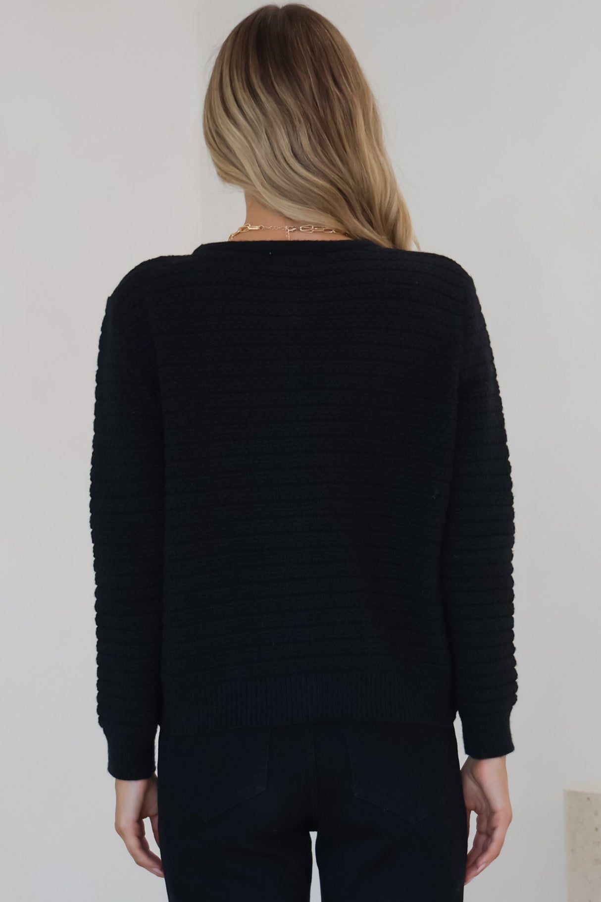 Dionne Cardigan - Thick Round Neck Gold Button Down Cardigan in Black