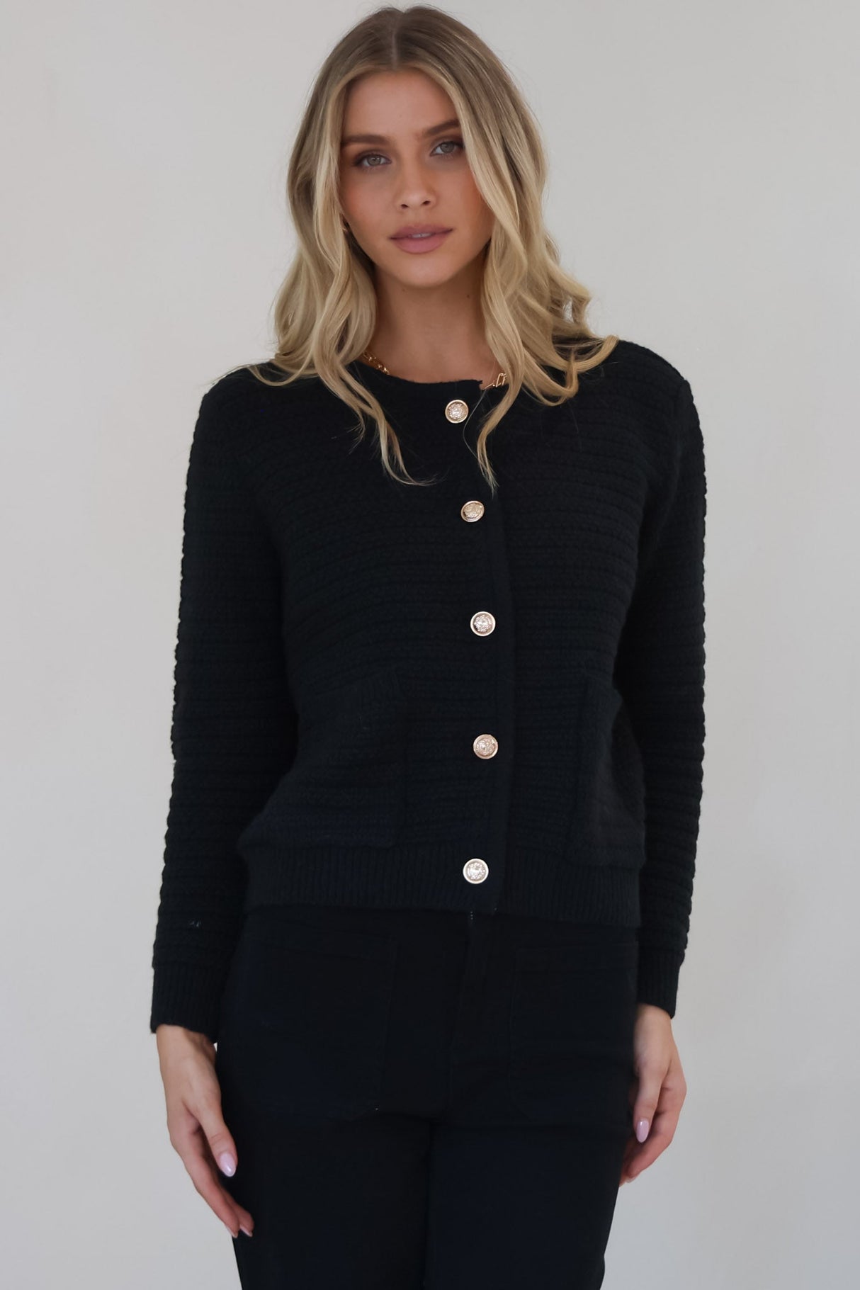 Dionne Cardigan - Thick Round Neck Gold Button Down Cardigan in Black
