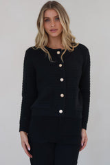 Dionne Cardigan - Thick Round Neck Gold Button Down Cardigan in Black