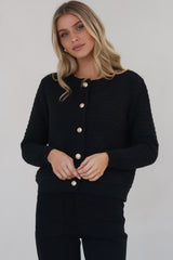 Dionne Cardigan - Thick Round Neck Gold Button Down Cardigan in Black