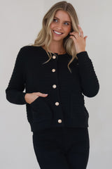 Dionne Cardigan - Thick Round Neck Gold Button Down Cardigan in Black
