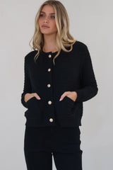 Dionne Cardigan - Thick Round Neck Gold Button Down Cardigan in Black