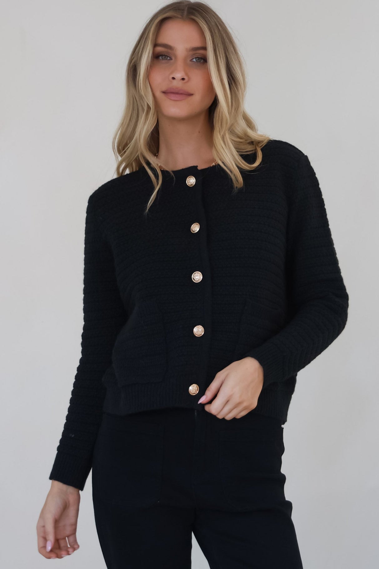 Dionne Cardigan - Thick Round Neck Gold Button Down Cardigan in Black