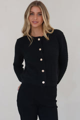 Dionne Cardigan - Thick Round Neck Gold Button Down Cardigan in Black