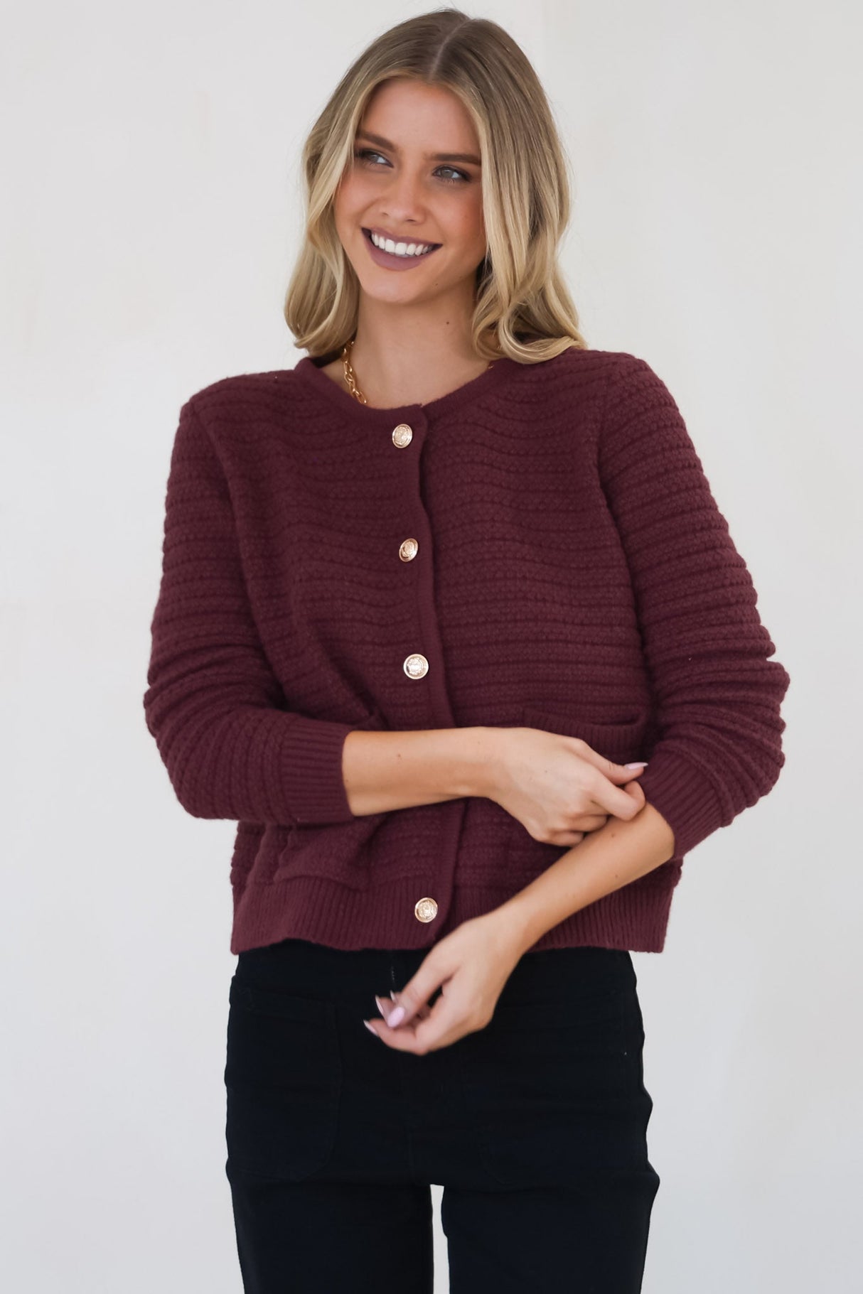 Dionne Cardigan - Thick Round Neck Gold Button Down Cardigan in Wine