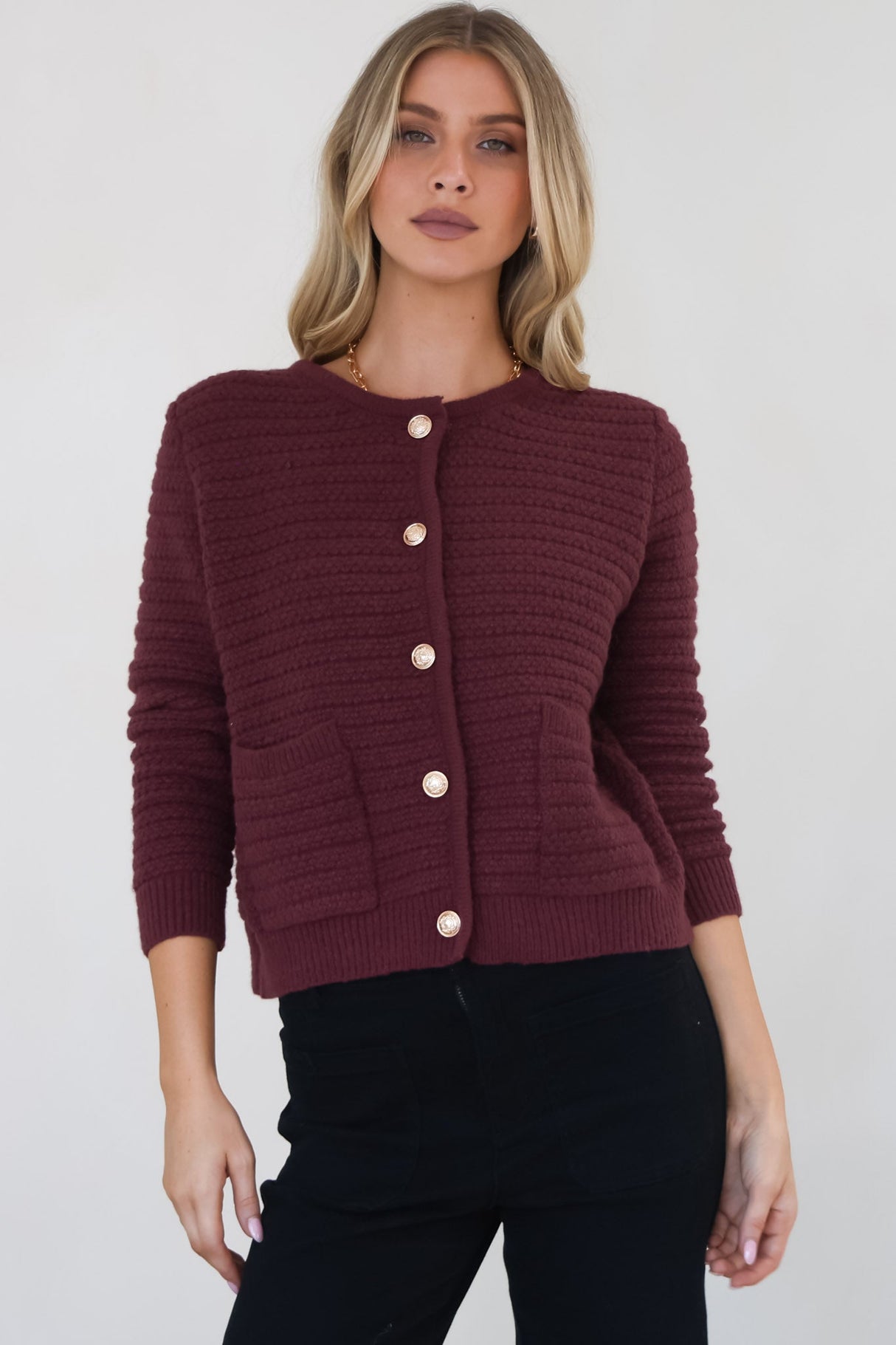 Dionne Cardigan - Thick Round Neck Gold Button Down Cardigan in Wine