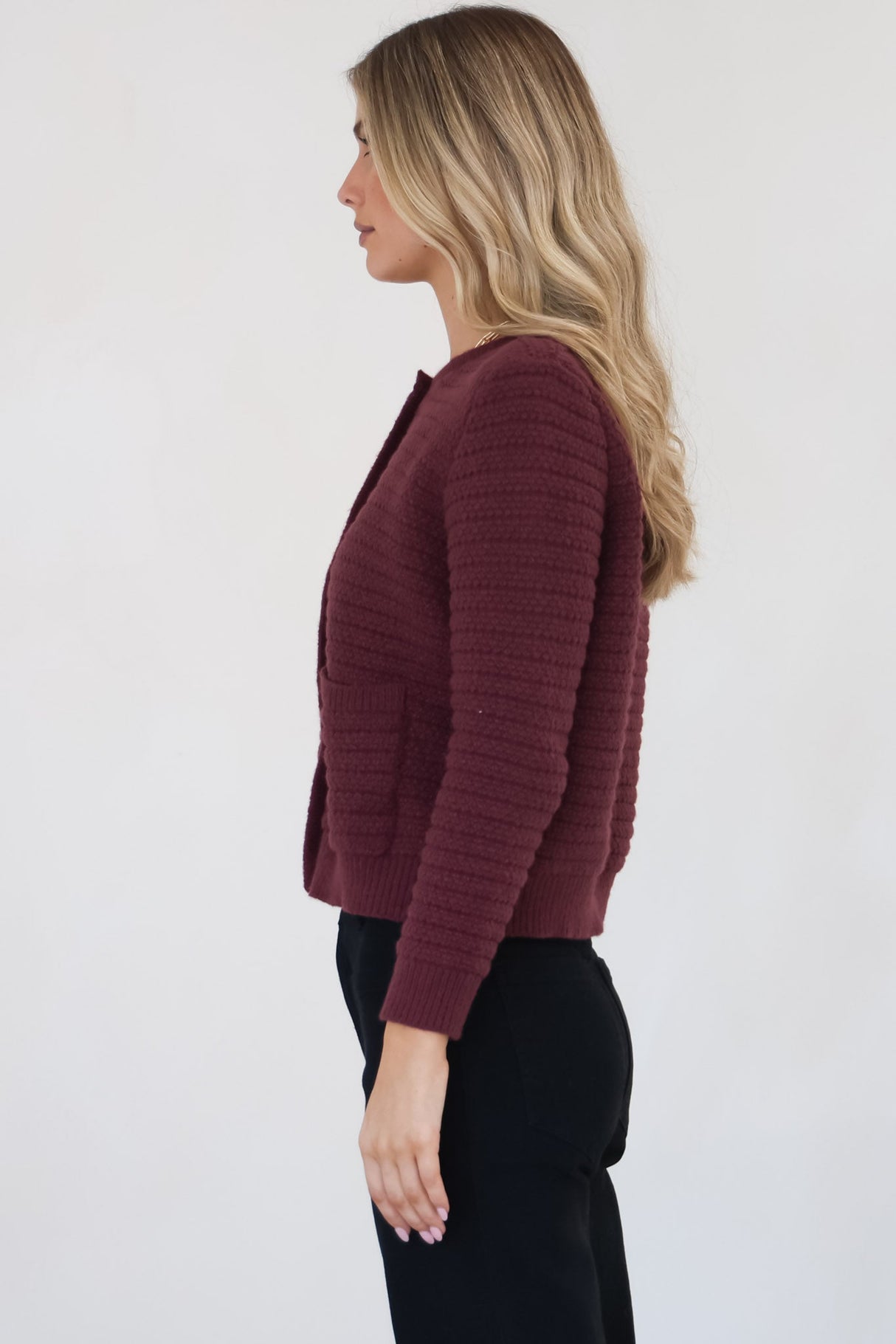 Dionne Cardigan - Thick Round Neck Gold Button Down Cardigan in Wine