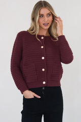 Dionne Cardigan - Thick Round Neck Gold Button Down Cardigan in Wine
