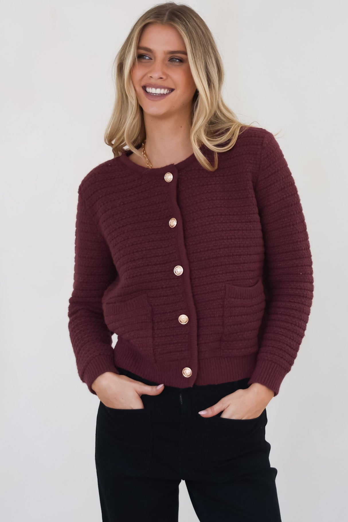 Dionne Cardigan - Thick Round Neck Gold Button Down Cardigan in Wine