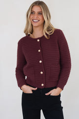 Dionne Cardigan - Thick Round Neck Gold Button Down Cardigan in Wine