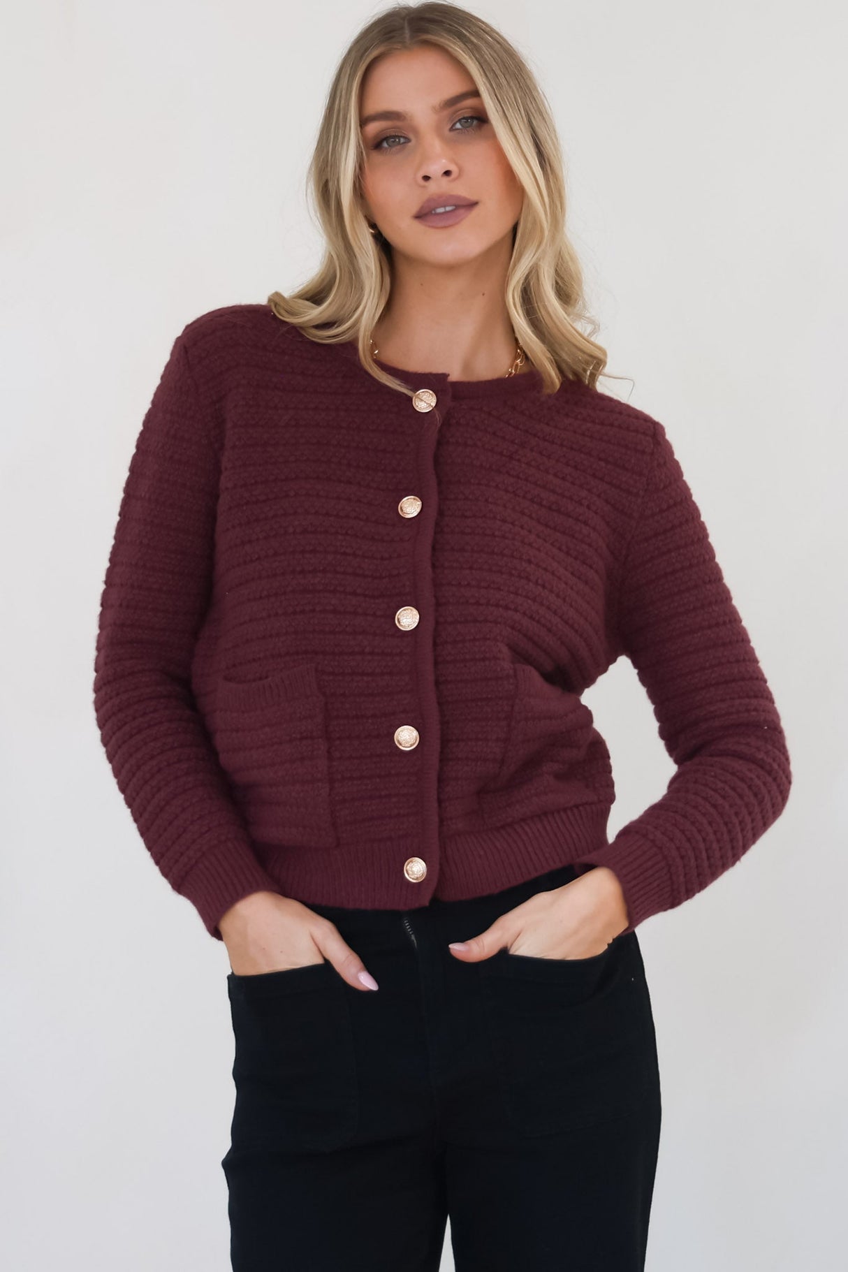 Dionne Cardigan - Thick Round Neck Gold Button Down Cardigan in Wine