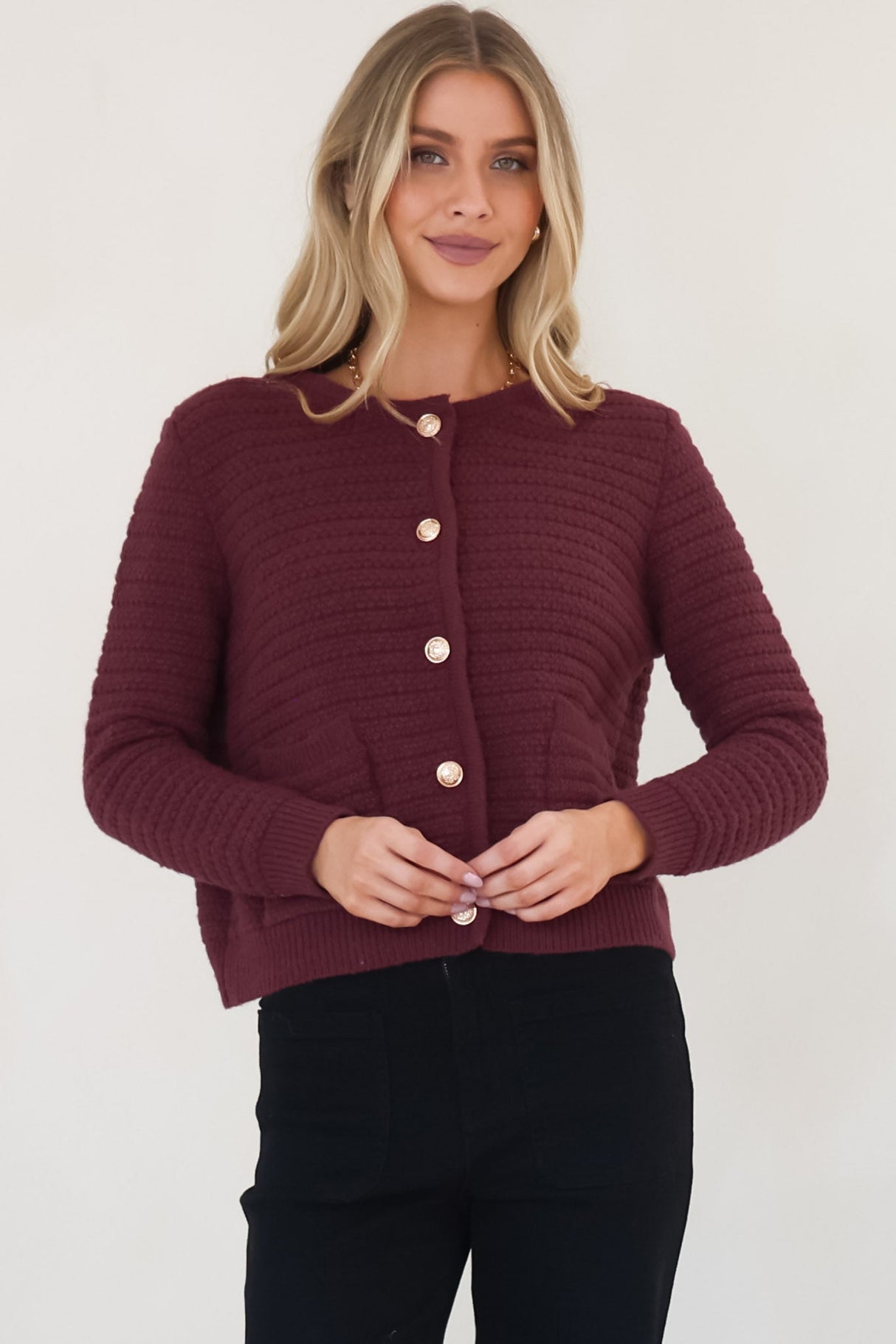 Dionne Cardigan - Thick Round Neck Gold Button Down Cardigan in Wine