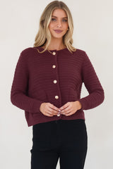 Dionne Cardigan - Thick Round Neck Gold Button Down Cardigan in Wine