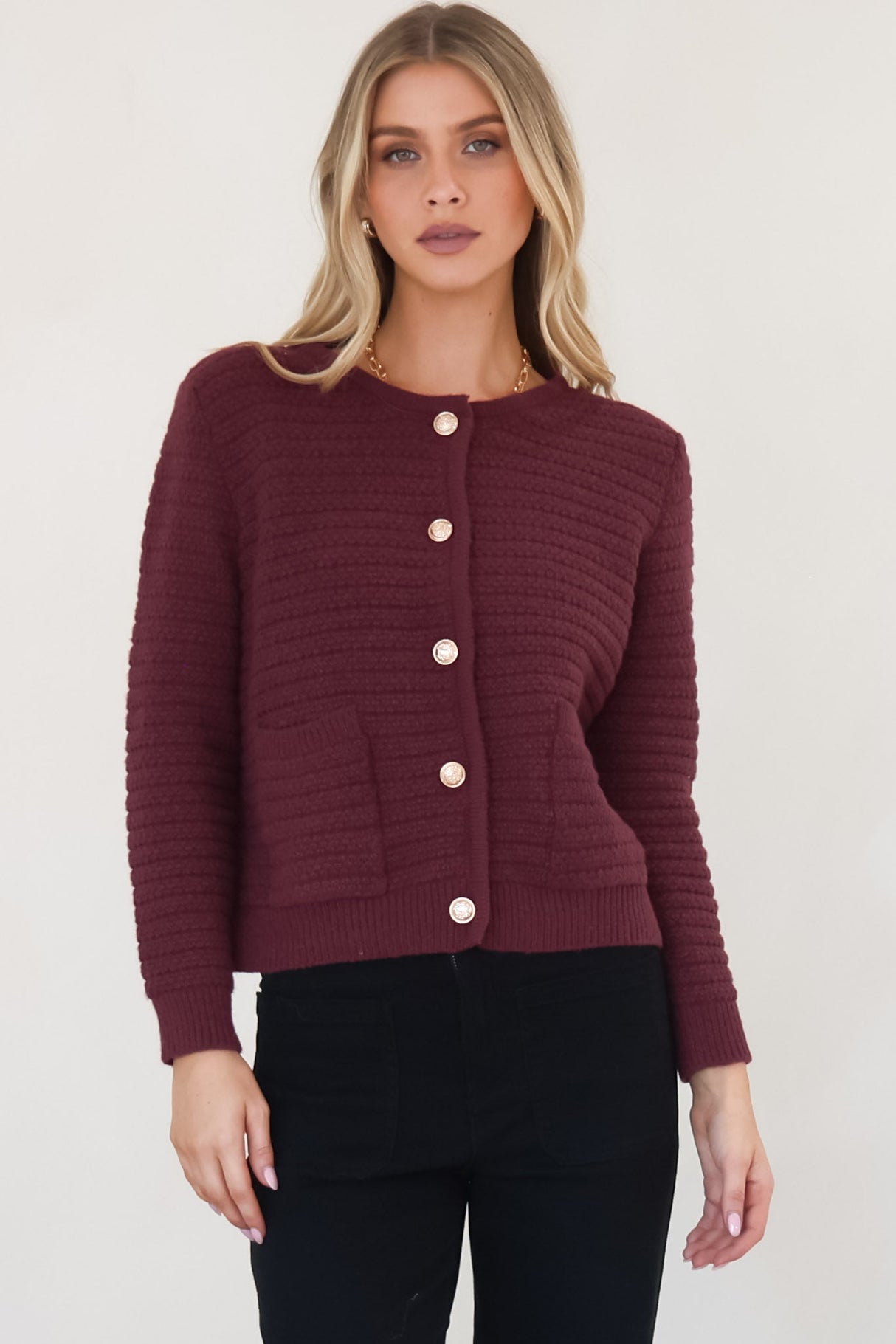 Dionne Cardigan - Thick Round Neck Gold Button Down Cardigan in Wine