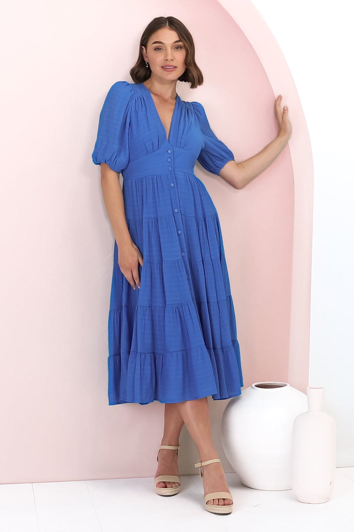 Divya Midi Dress - V Neck Button Through Dress With Ballon Sleeves in Cobalt Blue