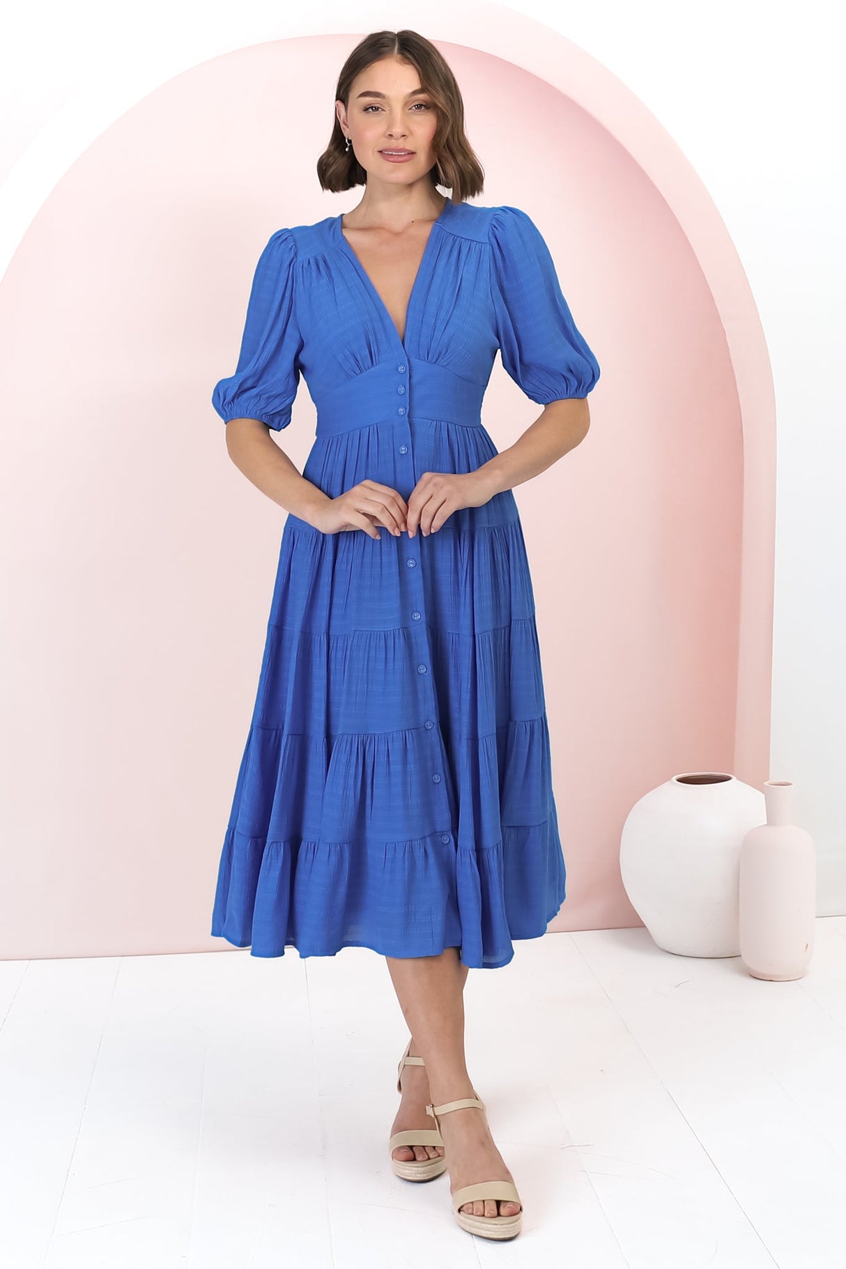 Divya Midi Dress - V Neck Button Through Dress With Ballon Sleeves in Cobalt Blue