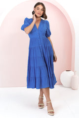 Divya Midi Dress - V Neck Button Through Dress With Ballon Sleeves in Cobalt Blue