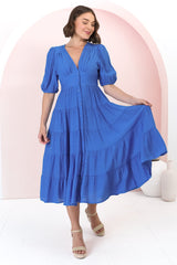 Divya Midi Dress - V Neck Button Through Dress With Ballon Sleeves in Cobalt Blue