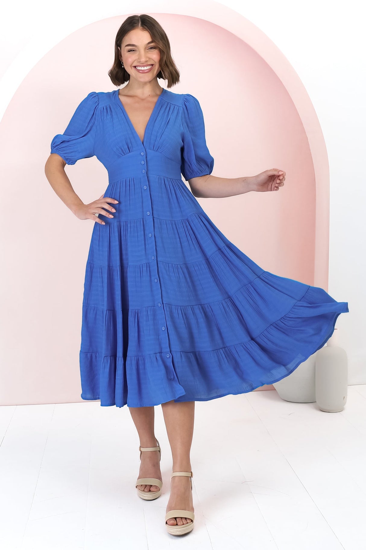 Divya Midi Dress - V Neck Button Through Dress With Ballon Sleeves in Cobalt Blue