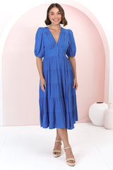 Divya Midi Dress - V Neck Button Through Dress With Ballon Sleeves in Cobalt Blue