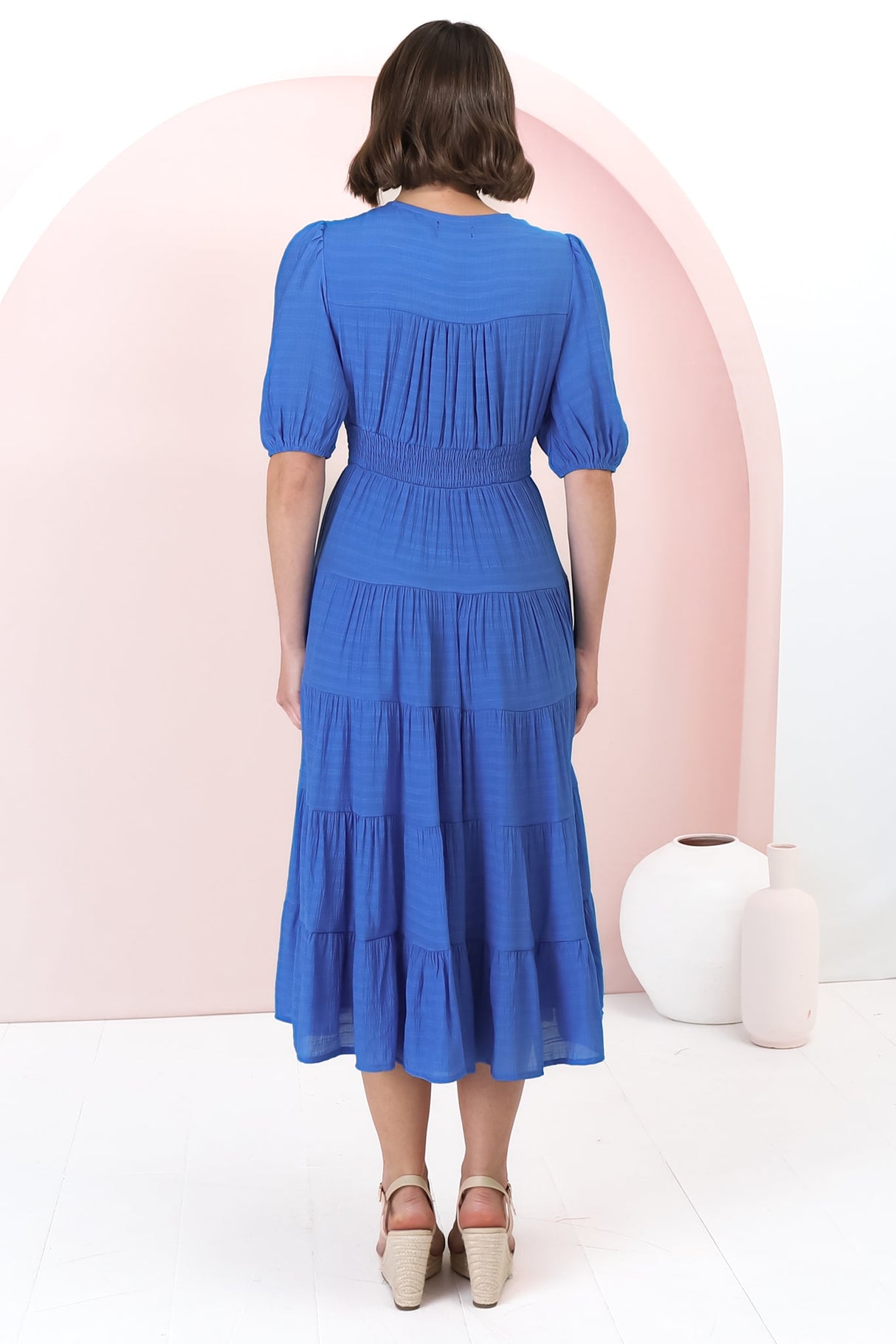 Divya Midi Dress - V Neck Button Through Dress With Ballon Sleeves in Cobalt Blue