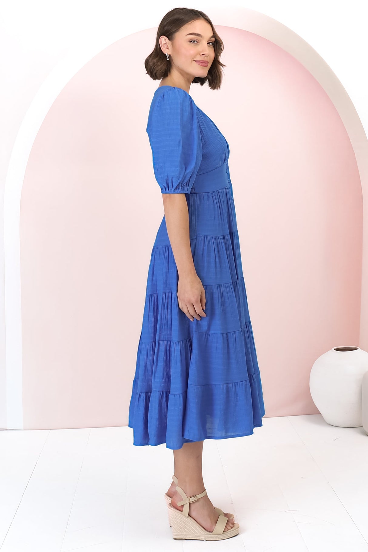 Divya Midi Dress - V Neck Button Through Dress With Ballon Sleeves in Cobalt Blue