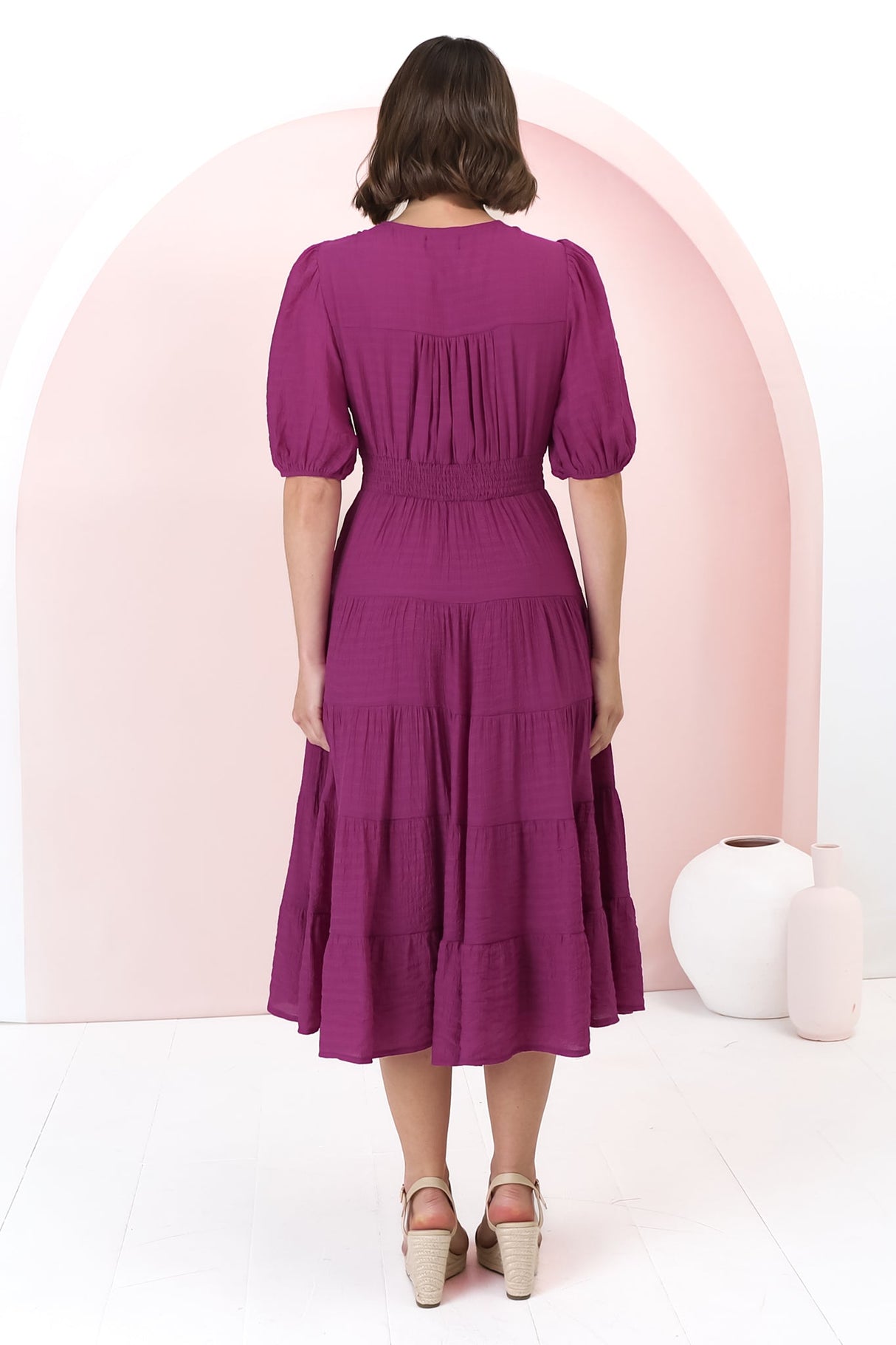 Divya Midi Dress - V Neck Button Through Dress With Ballon Sleeves in Magenta