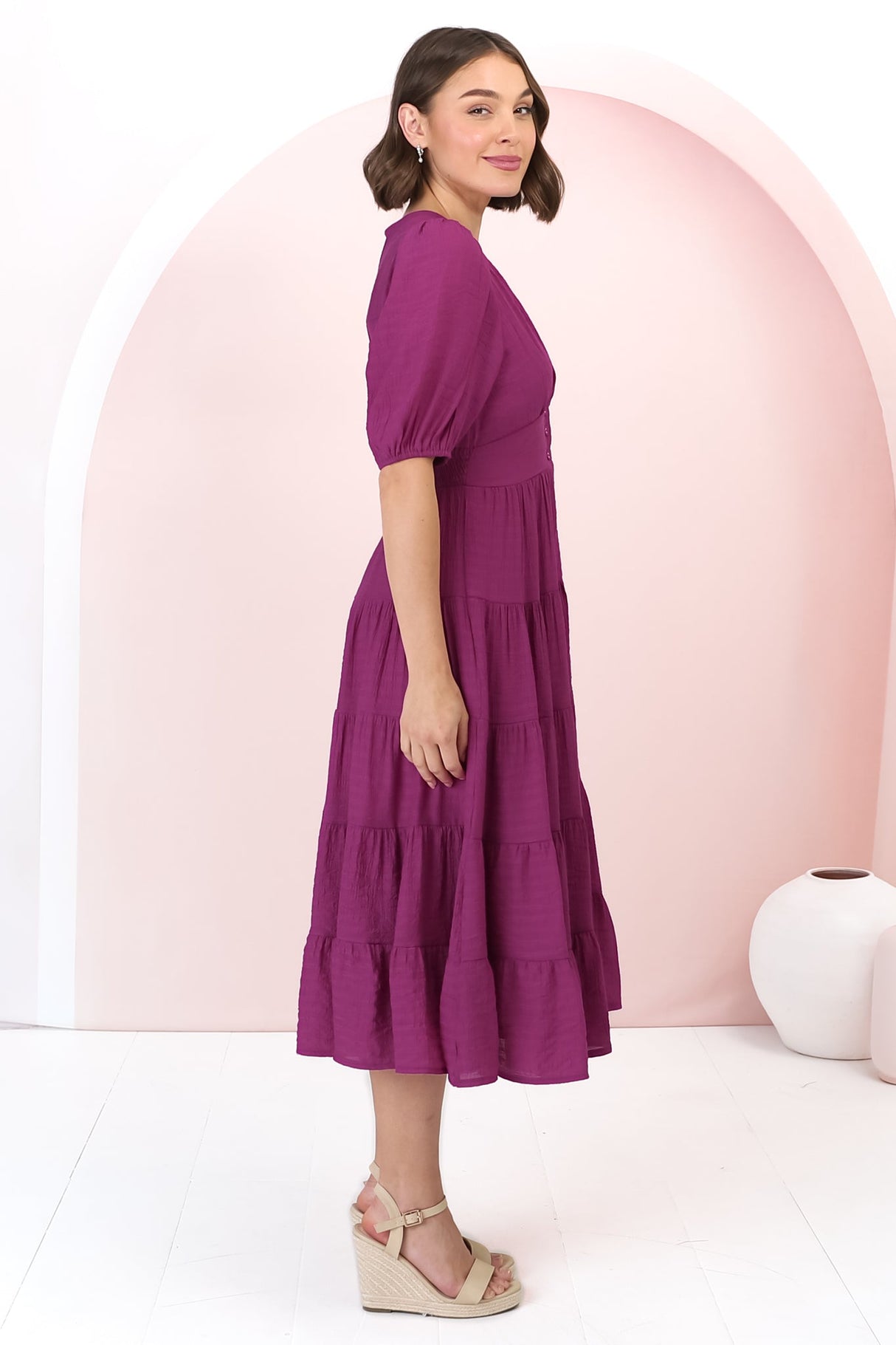 Divya Midi Dress - V Neck Button Through Dress With Ballon Sleeves in Magenta