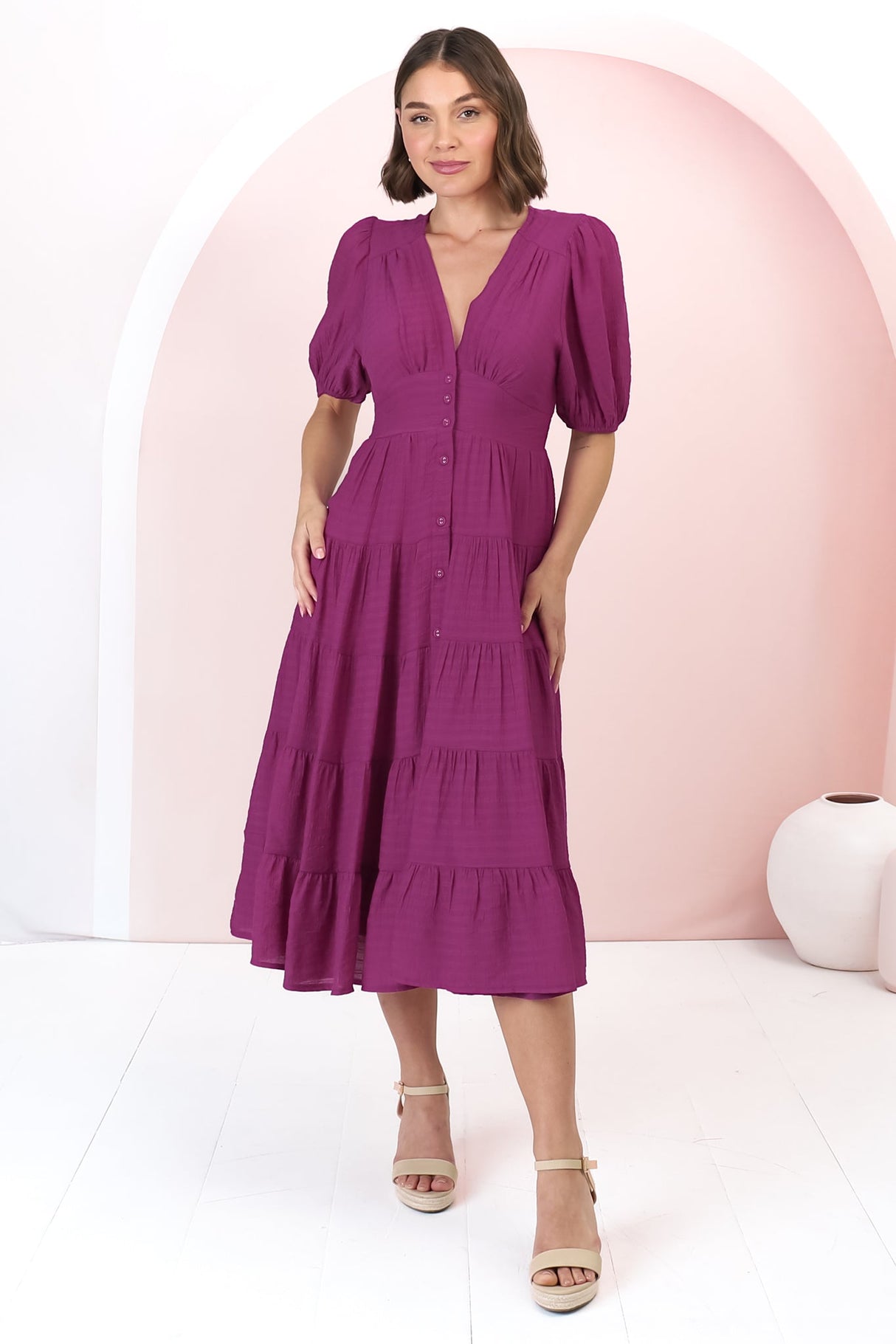 Divya Midi Dress - V Neck Button Through Dress With Ballon Sleeves in Magenta