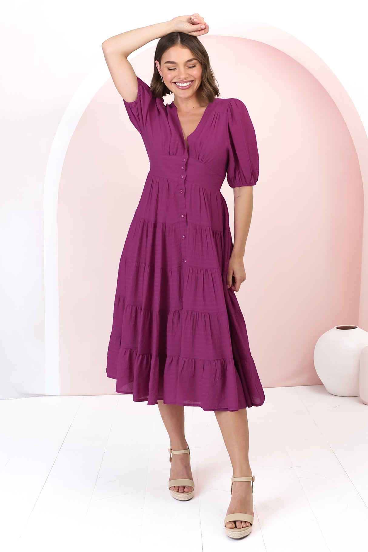 Divya Midi Dress - V Neck Button Through Dress With Ballon Sleeves in Magenta