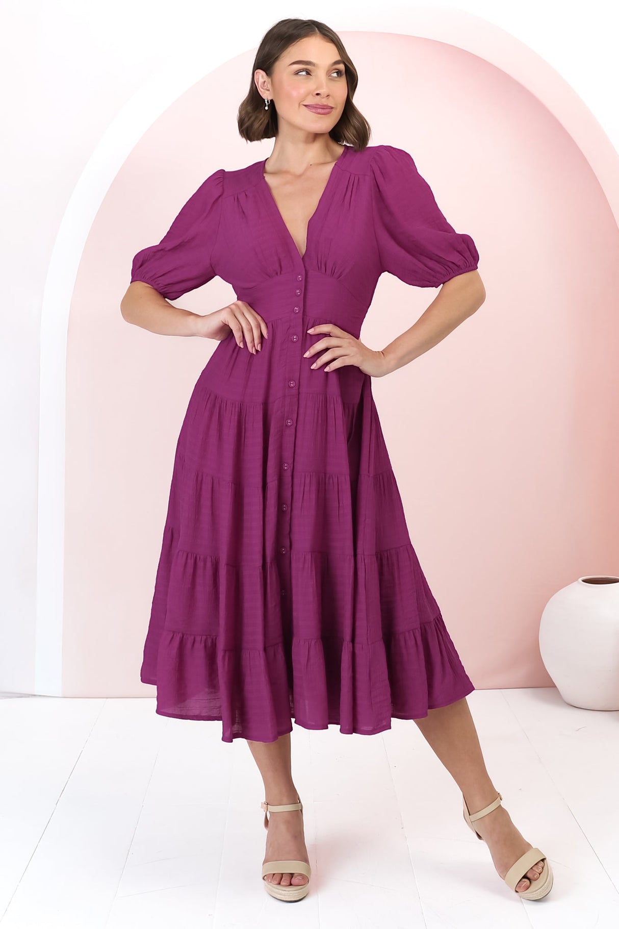 Divya Midi Dress - V Neck Button Through Dress With Ballon Sleeves in Magenta