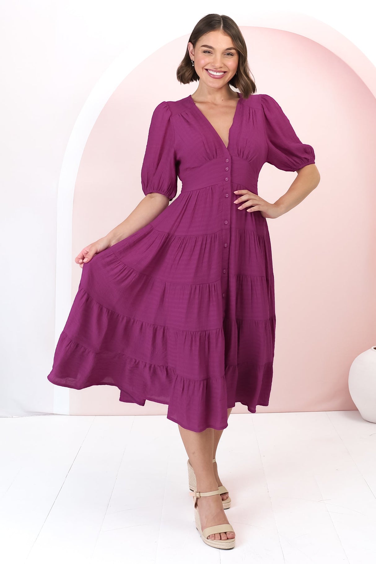 Divya Midi Dress - V Neck Button Through Dress With Ballon Sleeves in Magenta