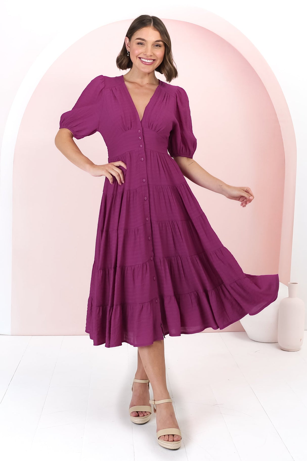 Divya Midi Dress - V Neck Button Through Dress With Ballon Sleeves in Magenta