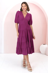 Divya Midi Dress - V Neck Button Through Dress With Ballon Sleeves in Magenta