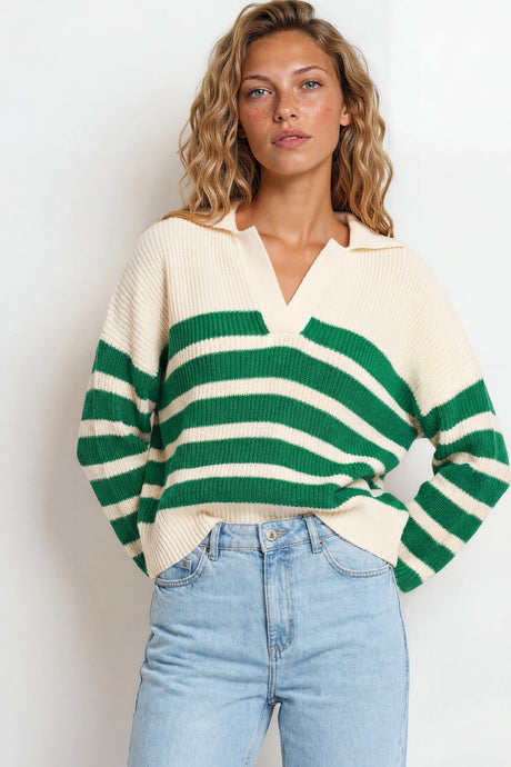 Model wearing Dixon Jumper in Cream/Green from Salty Crush