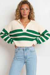Model wearing Dixon Jumper in Cream/Green from Salty Crus