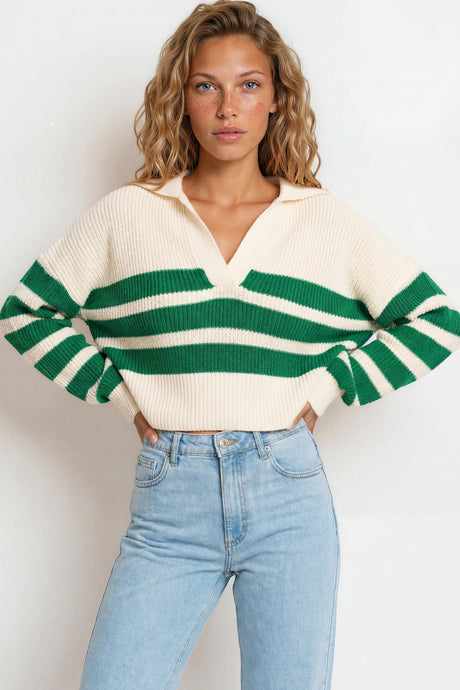 Model wearing Dixon Jumper in Cream/Green from Salty Crus