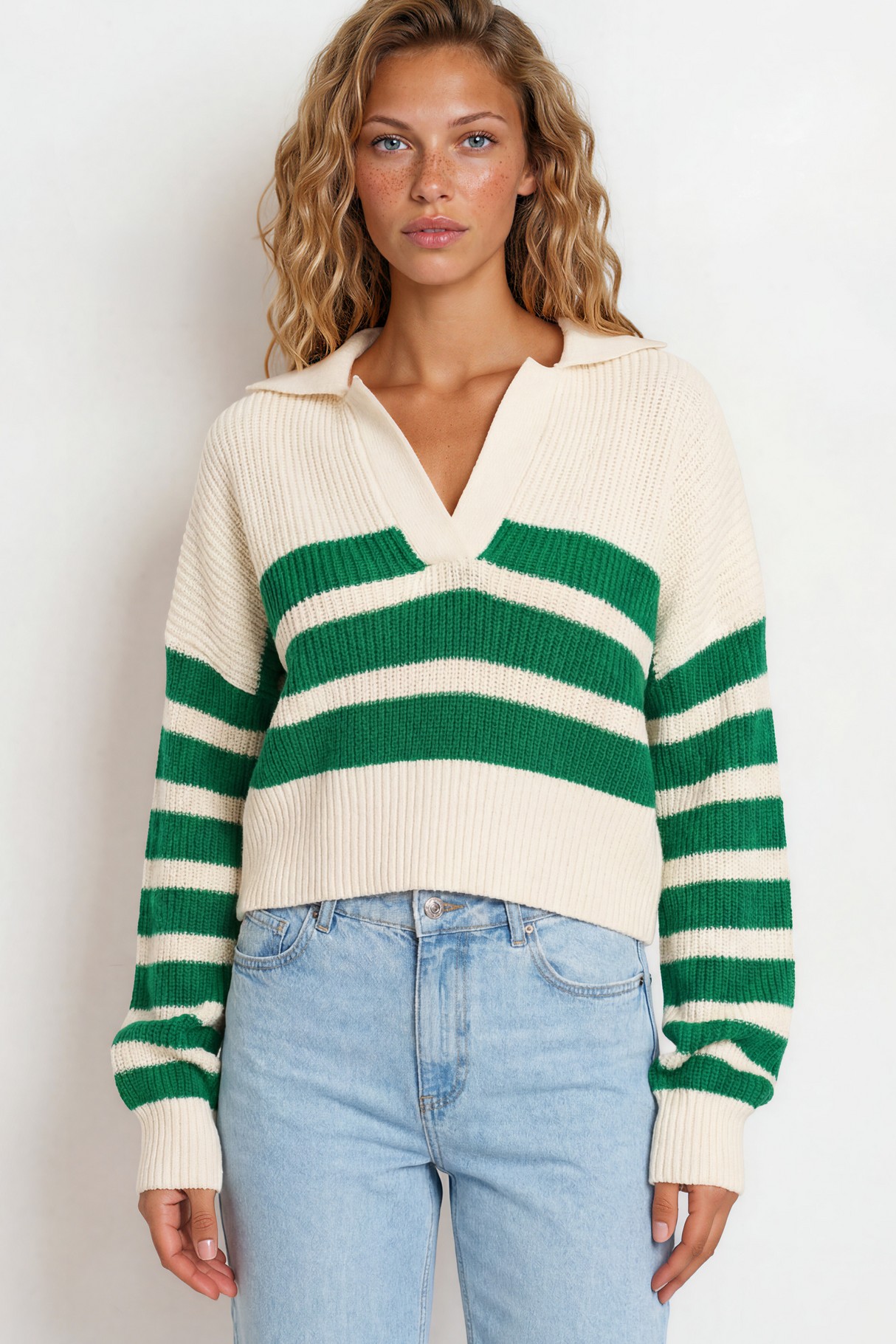 Model wearing Dixon Jumper in Cream/Green from Salty Crush