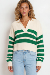 Model wearing Dixon Jumper in Cream/Green from Salty Crush