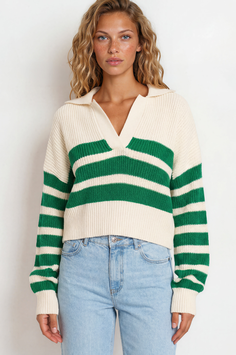 Model wearing Dixon Jumper in Cream/Green from Salty Crush