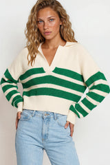 Model wearing Dixon Jumper in Cream/Green from Salty Crush